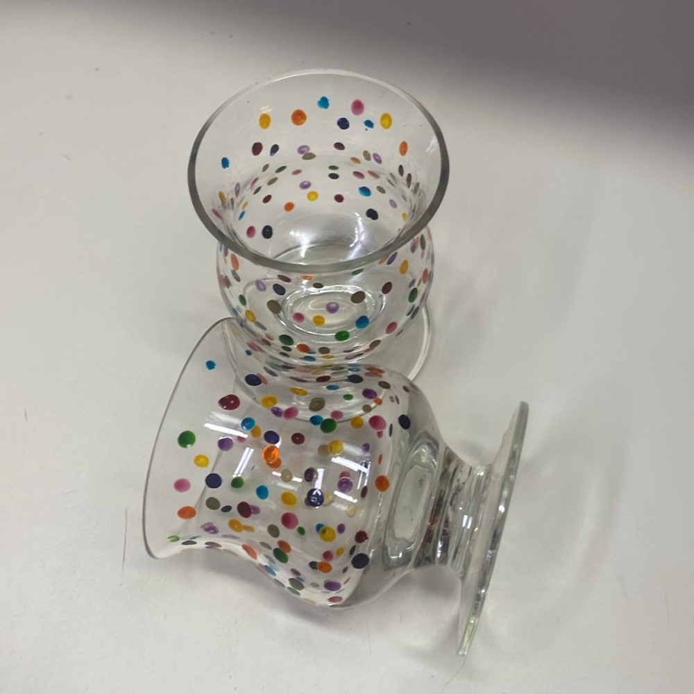Pair of Cordial Short Stem Wine Dessert Glasses Clear Footed Hand Painted